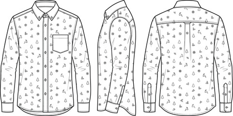 Men Christmas button down shirt technical flat sketch vector template with festive tree pattern © Radongo