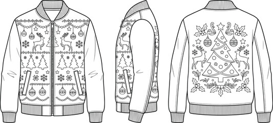 Christmas bomber jacket technical flat sketch vector template with festive tree and reindeer pattern © Radongo