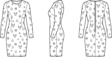 Women Christmas bodycon dress technical flat sketch vector template with reindeer snowflake pattern © Radongo