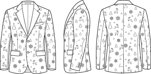 Men Christmas blazer jacket technical flat sketch vector template with festive reindeer snowflake pattern © Radongo