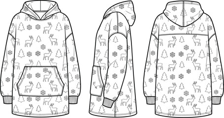 Oversized Christmas hoodie blanket technical vector sketch with reindeer and snowflake pattern © Radongo