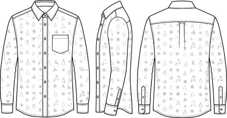 Men Christmas button down shirt technical flat sketch vector template with festive winter pattern © Radongo