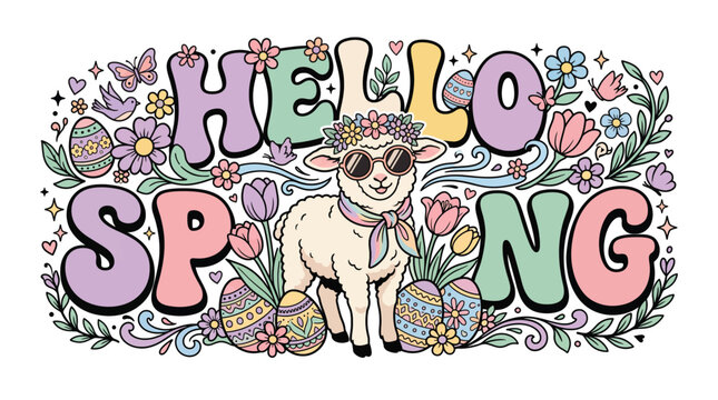Groovy retro hello spring sublimation graphic design with a cute little lamb wearing sunglasses and flower crown among tulips easter eggs.