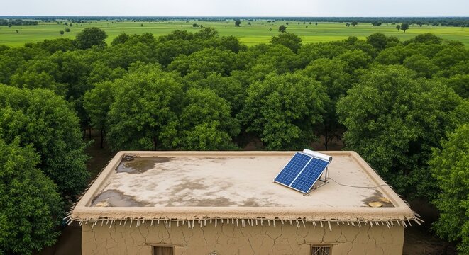Aerial view of small weathered house with blue tarp on roof in lush green countryside landscape