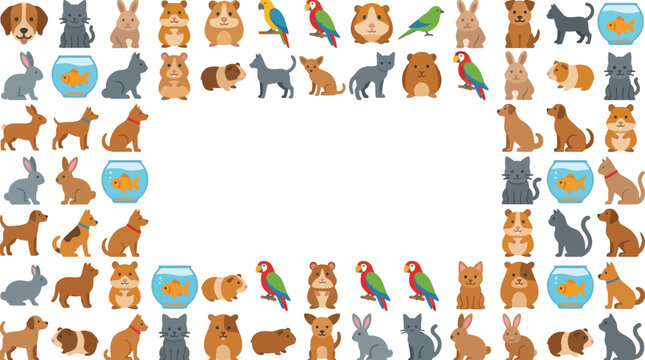A colorful border frame made of various cute domestic pets and animals.