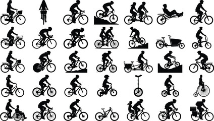 Bicycle Rider Silhouettes Set with Diverse Cyclists Mountain Bikes and City Commuters Vector Icons © Radongo