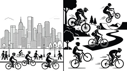 Obraz premium Cycling sports and city bike commuting stick figure vector illustration split design set