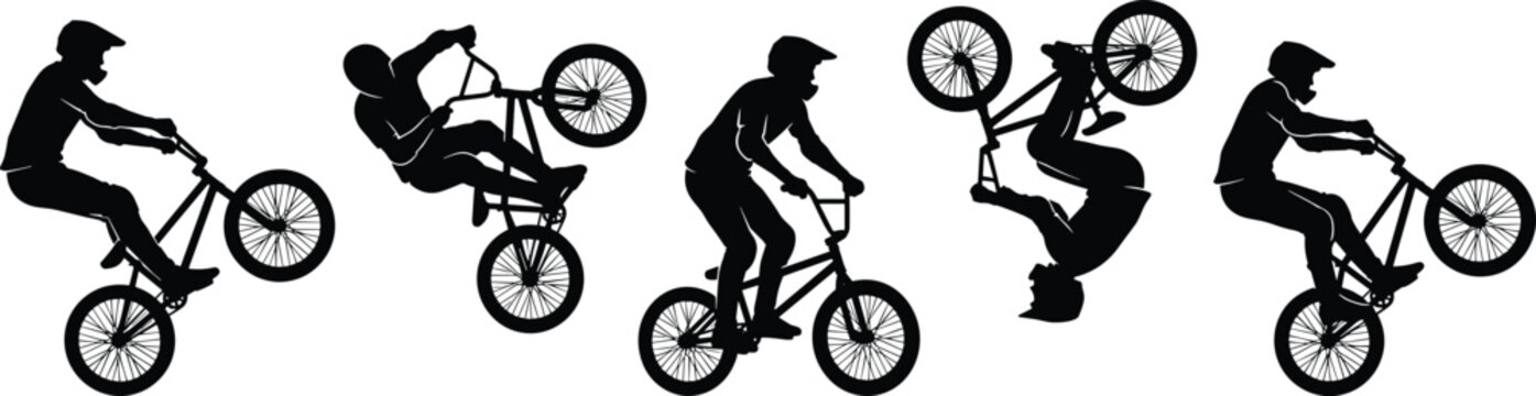 BMX rider silhouettes performing extreme stunts and bike tricks isolated on white background