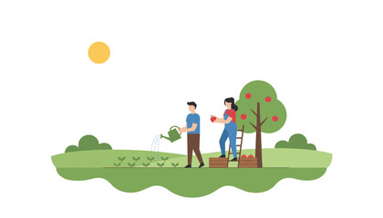 Fototapeta premium Hardworking man and woman tending to their garden, watering fresh sprouts and picking ripe red apples from a tree.