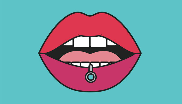 Vector illustration of an open mouth with red lips, white teeth, and a stylish silver labret piercing on a blue background.