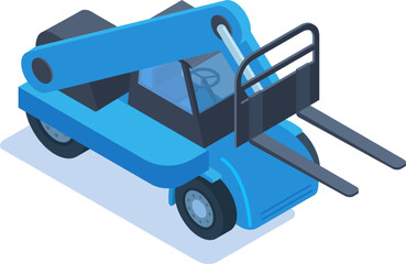 Blue telehandler vehicle featuring boom arm and forklift attachment on white background © WinWin