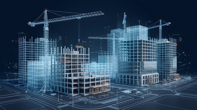 3D construction blueprint with cranes and buildings