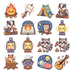 Fototapeta premium Raccoon camping with lanterns.