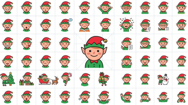 Flat vector illustration of cute Christmas elf avatar emoji icon set with various facial expressions and holiday poses