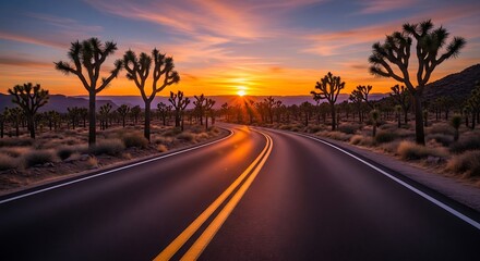 Naklejka premium Desert Road at Sunset with Joshua Trees and Scenic View.