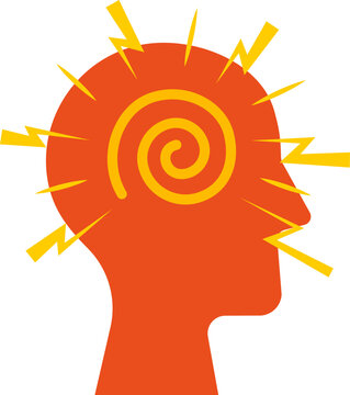 Human head silhouette showing a spiral brain and lightning bolts for headache pain