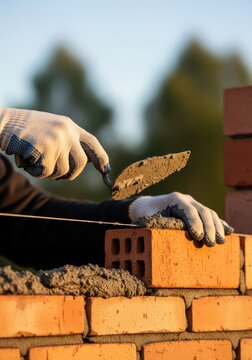 Professional Bricklayer Hands in Gloves Using Trowel and Mortar to Build a Red Brick Wall at Construction Site
