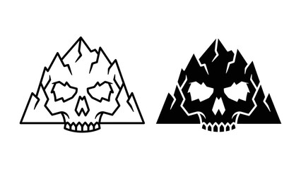 Skull Mountain Symbol: A striking graphic symbol merges a skull with a mountain landscape, presented in both a clean outline and a solid black silhouette. © Mohiuddin123