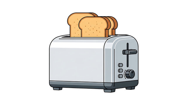 Toaster with bread popping up on white background with cartoon toaster
