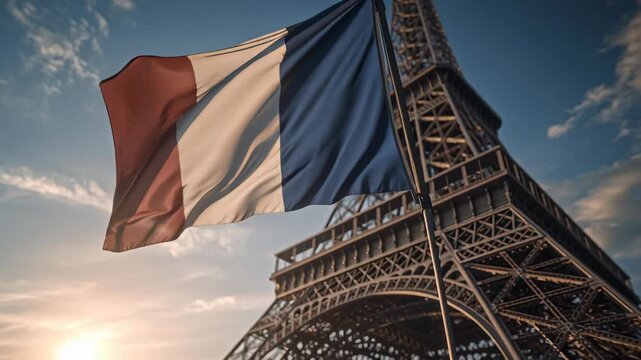 French national flag waving in wind with Eiffel Tower in Paris at sunset