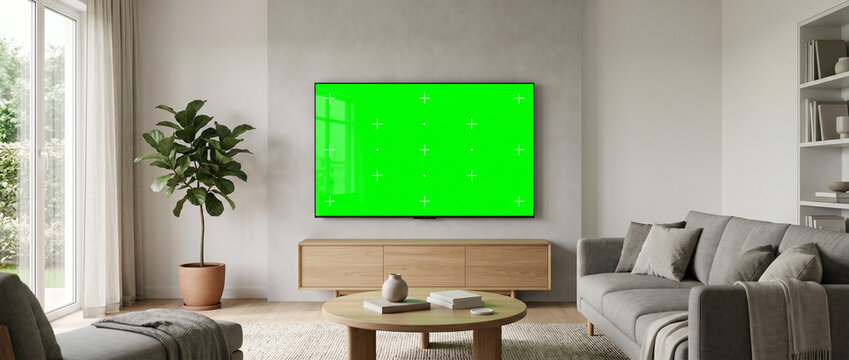 Modern Living Room Smart TV with Green Screen Tracking Markers Mockup