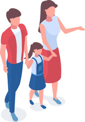 Obraz premium Isometric illustration depicting a family strolling together, parents holding their child's hands