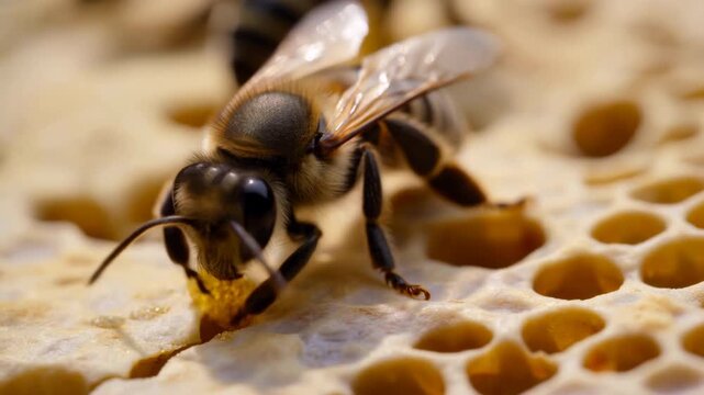 Honey bee grasping pollen pellet on honeycomb in extreme macro view with mandibles and forelegs visible, showing textured wax cells, warm light, and detailed pollination behavior
