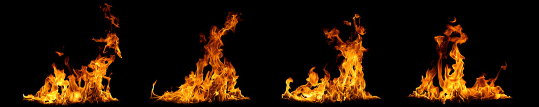 fire flames isolated on black background, blazing fire collection with burning flame effect for graphic design, visual effects, game assets, overlays, advertising and creative editing.