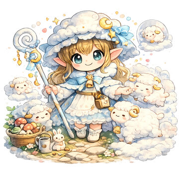 cloud shepherdess, fluffy cloud flock, fantasy cloud shepherd, whimsical sky scene, dreamy cloudscape, magical shepherdess, floating clouds, celestial fantasy, enchanted sky, surreal cloud world, fluf