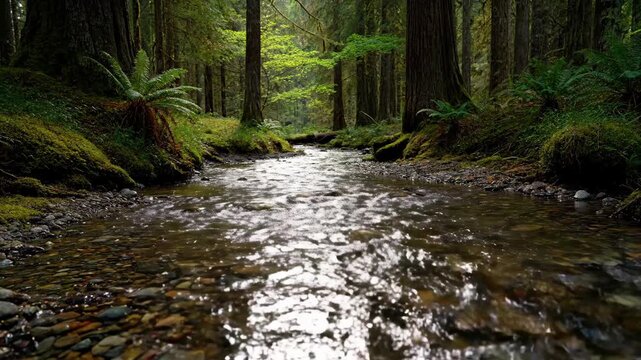 A clear forest stream flows through mossy banks with sunlight filtering through tall trees and ferns creating a peaceful and wild atmosphere