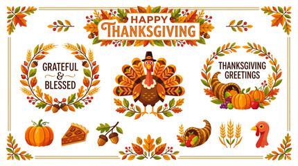 Fototapeta premium Happy Thanksgiving greeting card with turkey, leaves, and fall elements