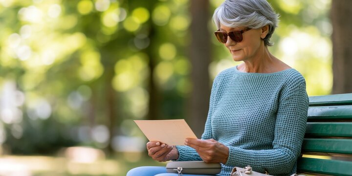 Senior woman reading letter on park bench