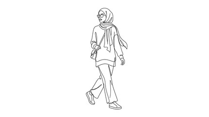 Obraz premium A line art illustration of a young woman wearing a hijab walking.