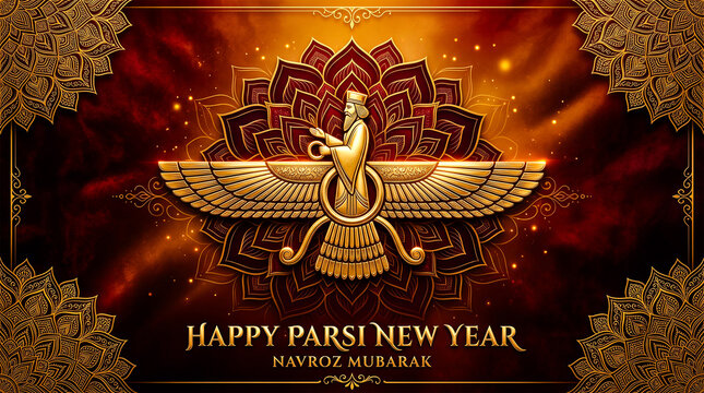 Happy Parsi New Year greeting featuring Faravahar symbol with luxurious festive golden ornamental design