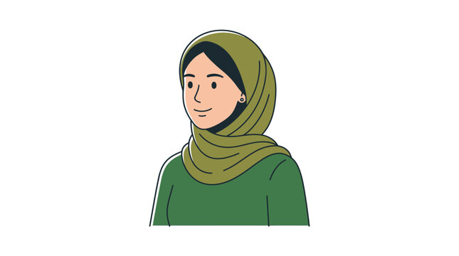 A young woman wearing a green hijab and matching green shirt looking to the side.