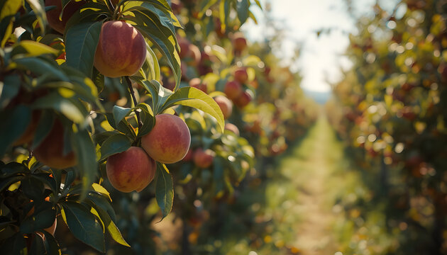 Ultra realistic peach orchard with healthy fruit trees full of ripe peaches in warm sunlight.