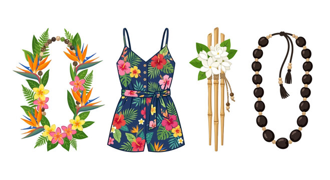 Summer tropical fashion items including lei romper and necklace