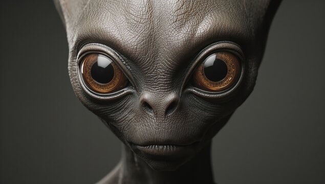 Close-up portrait of a fictional alien creature with large brown eyes and textured gray skin, set against a dark background emphasizing its unique features
