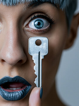 Key standing on fingertip, round keyhole aligned with human eye in closeup photo, metallic texture echoing silver makeup, symbol of insight, access, identity, security, perception and mind exploration