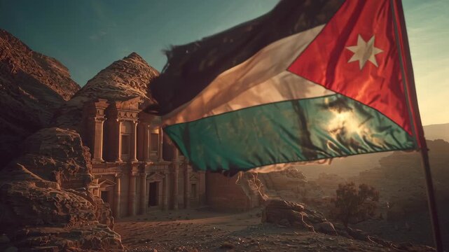 Jordan flag waving at sunset over ancient Petra monastery temple.