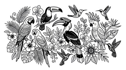 Tropical birds and flowers detailed engraving. © Dias