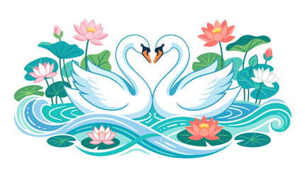 Two white swans in a pond with water lilies. © Dias