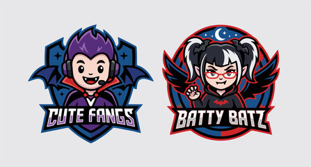 Fototapeta premium Set of Two Cute Vampire and Goth Mascot Logos for Cute Fangs and Batty Batz Esports Teams