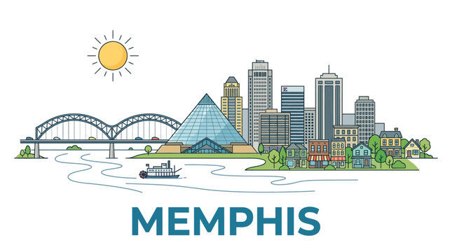 Colorful memphis city skyline illustration with bridge and sun