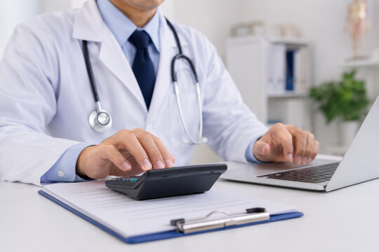 Close up of a medical professional calculating expenses. Doctor hands using a calculator and laptop for patient insurance claims, medical bills, and clinic budget planning.