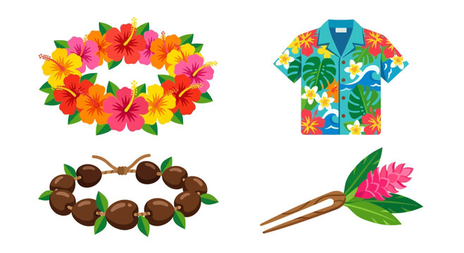 Summer hawaiian shirt flower lei and tropical accessories set
