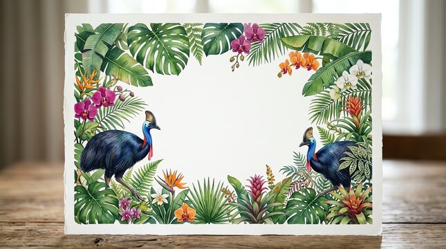 Vibrant Tropical Card with Wild Birds Amid Greenery