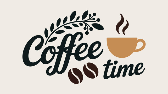 Decorative coffee time lettering with steaming cup, coffee beans, and subtle leafy branches