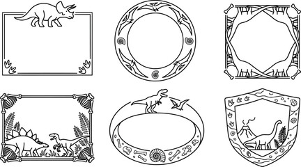 Set of dinosaur themed frames and borders with prehistoric animals and fossils transparent background © SampaRani