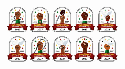 Fototapeta premium Juneteenth Emancipation Day Celebration Emblems with Fist, Chains, Dove